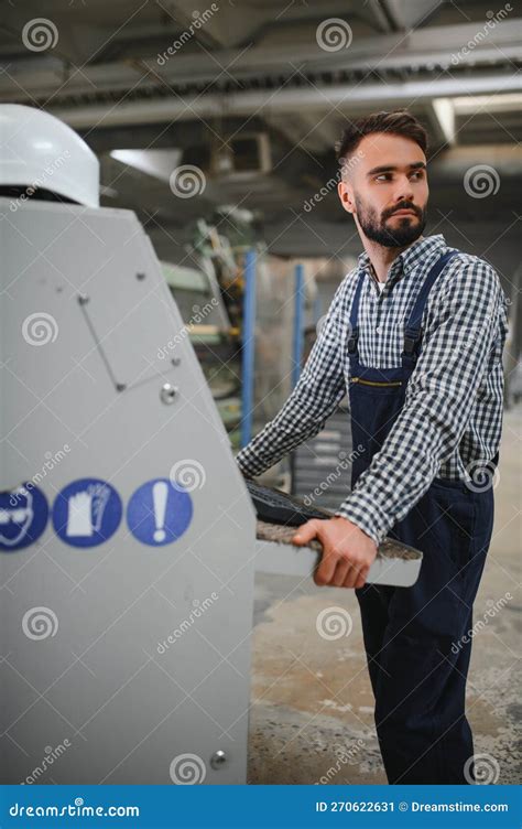 Worker Operating Machine In Factory Stock Image Image Of Caucasian