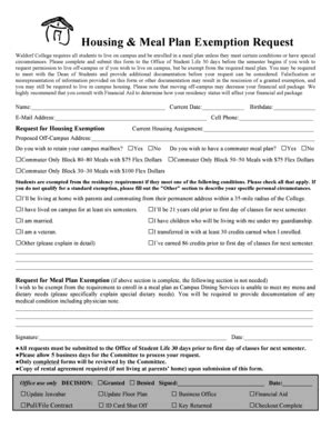 Fillable Online Housing Meal Plan Exemption Request 2 13 2014docx Fax