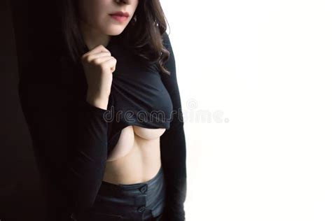 Close Up Of Caucasian Naked Cute Babe Fit Brunette Female Model Holding Bra Erotic Hot