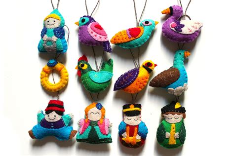 Set 12 Days Of Christmas Ornaments Felt Colorful Christmas Etsy