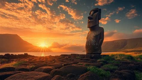 Moai Statue Watching the Sunset Over Easter Island, Chile Stock Photo ...