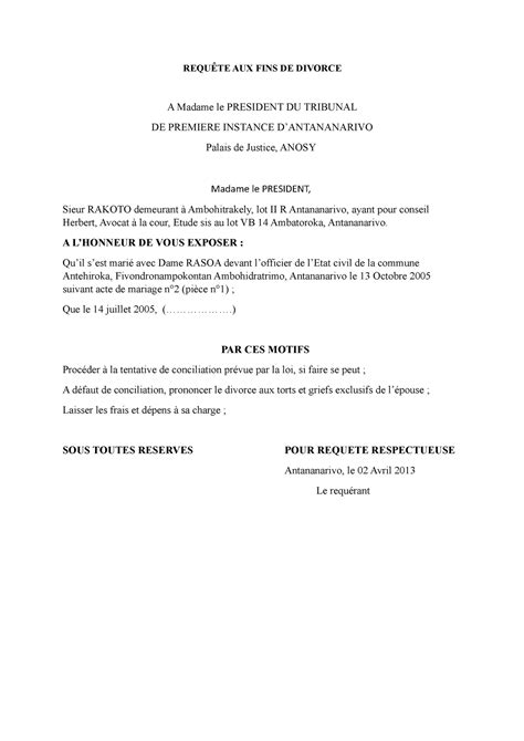 Requête AUX FINS DE Divorce REQUÊTE AUX FINS DE DIVORCE A Madame le