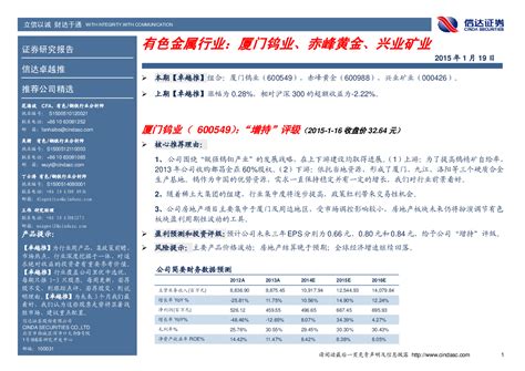 有色金属行业：厦门钨业、赤峰黄金、兴业矿业