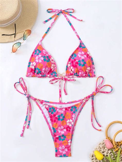 Swim Mod Summer Beach Floral Print Halter Triangle Bikini Set SHEIN USA