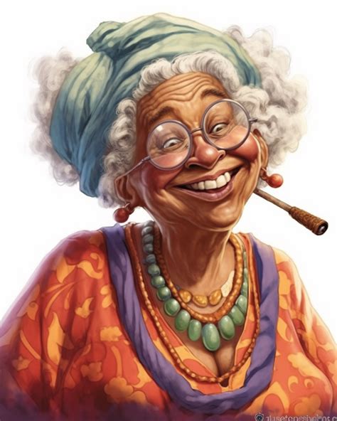 Laughing Funny Comic Book Style Sassy Hip African American Boho Chic Grandma With Long Goddess