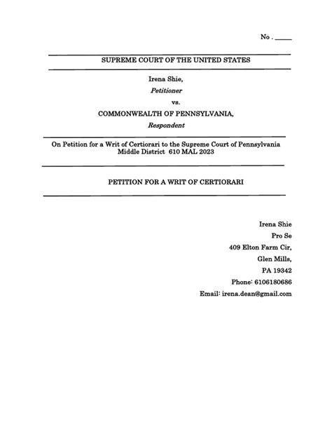 Petition For Writ Of Certiorari Irena Shie Pdf Certiorari Supreme