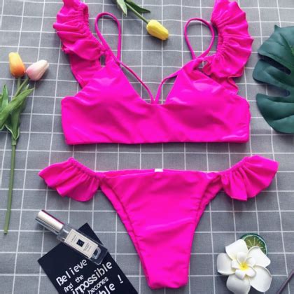 Pop Sexy Split Lotus Leaf Edge Pure Color Women S Bikini On Luulla