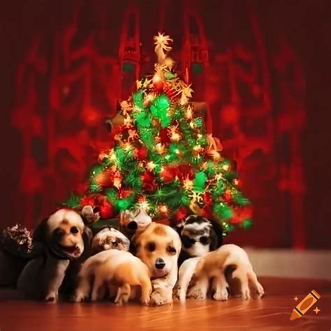 Person With Puppies Under Christmas Tree