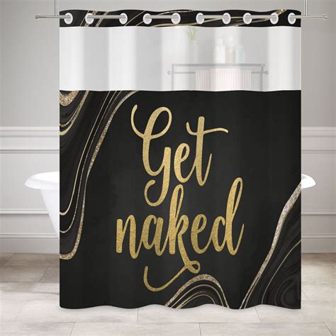 MIZHONA Gold Get Naked No Hooks Shower Curtains With Snap In Liner Black Marble Waterproof