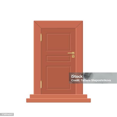 Realistic Brown Wooden Door With Copper Handles And Hinges Stock