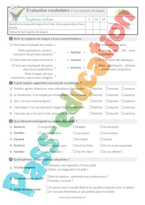 Evaluation Quiz Qcm Niveau De Langue Cycle Pdf Imprimer