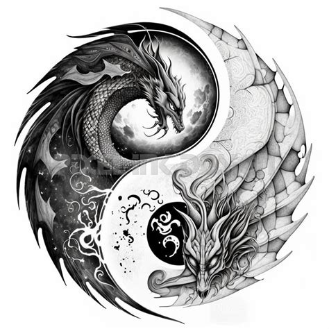 Yin And Yang Dragons Tattoo Design Detailed High Resolution Digital Art