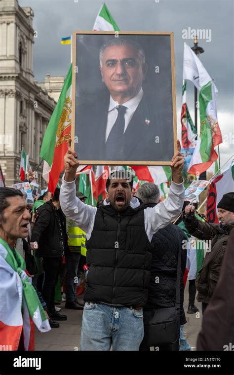 London/UK 27th FEB 2023. Crowds of supporters of Prince Reza Pahlavi gathered at Houses of ...