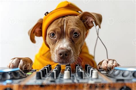 Happy Dog wearing DJ costumes, studio lighting, isolated on white