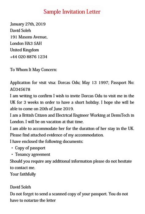 Visa Invitation Letter For Doc Pdf Word