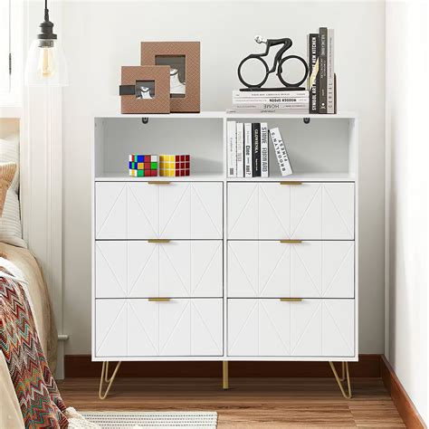 KIGOTY 6 Drawer Dresser for Bedroom , White Dresser with 2-Tier Shelves ...