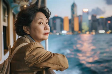 Asian Chinese Mature Woman In Star Ferry Premium AI Generated Image