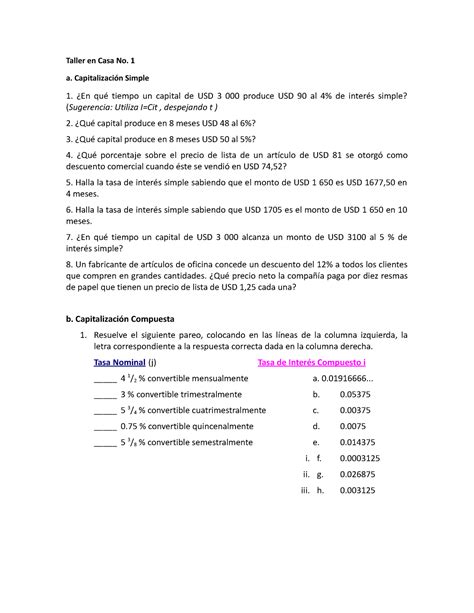 Ejercicio No 1 Matemática Financiera Taller en Casa No 1 a