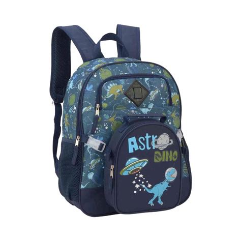 Kit Mochila e Lancheira Térmica Infantil Astronauta Dinossauro Azul