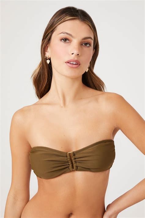 Forever 21 Ruched Bandeau Bikini Top Olive Forever21usa