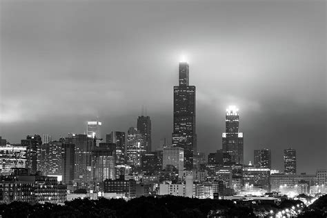 Chicago City Skyline Architecture with Cloudy Skies - Black and White ...