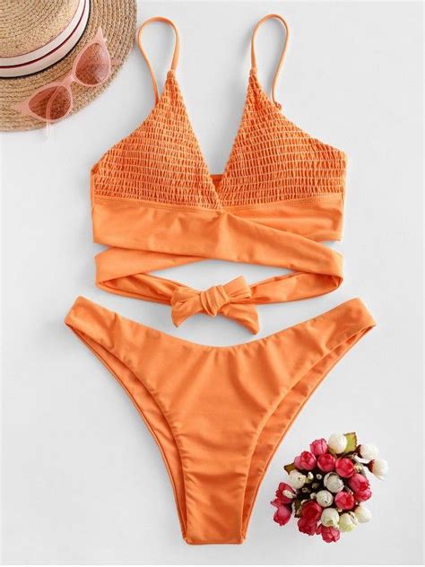 33 OFF 2020 ZAFUL Smocked High Leg Wrap Bikini Swimwear In TANGERINE