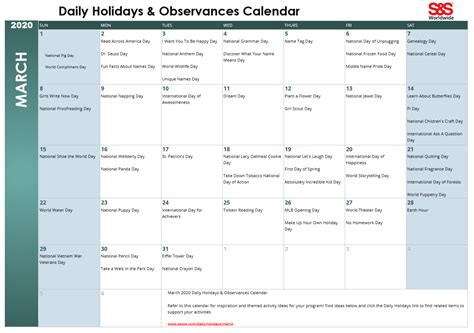 March Daily Holidays & Observances Printable Calendar - S&S Blog