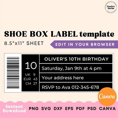Shoe Box Label Template Shoe Box Label Svg Party Favor Templates