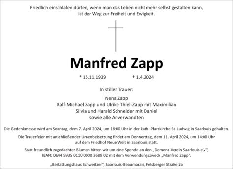 Traueranzeigen Von Manfred Zapp Saarbruecker Zeitung Trauer De