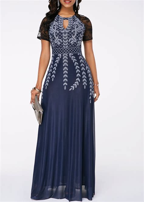 Lace Panel Printed High Waist Maxi Dress Rosewe Usd