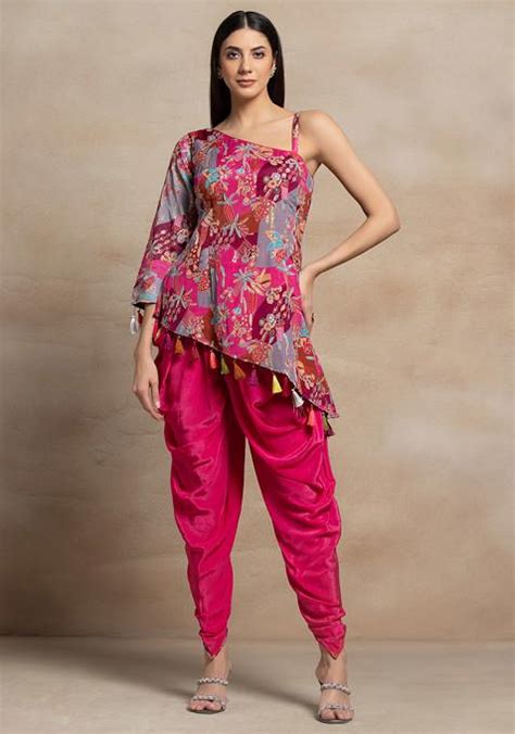 Buy Women Pink Floral Sequin Embellished Short Kurta Set With Dhoti