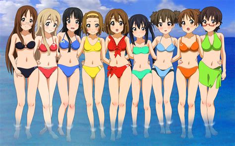 Akiyama Mio Bikini Black Hair Blonde Hair Blush Brown Eyes Brown Hair