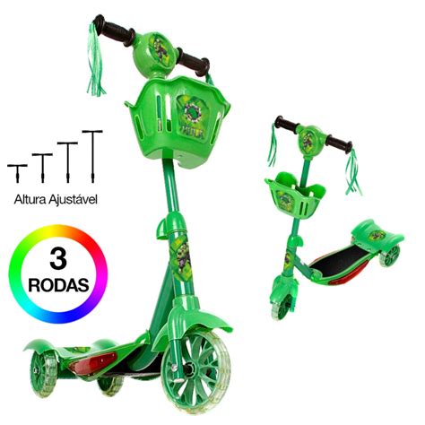 Brinquedo Patinete Infantil Hulk 3 Rodas Luz E Som E Cestinha Verde