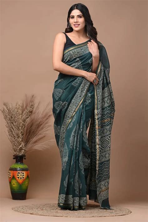 Green Hand Block Printed Chanderi Silk Sarees 5 5 M Separate Blouse