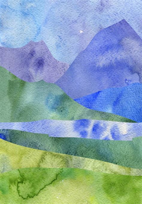 Watercolor Mountain Landscape Stock Illustration - Illustration of land ...