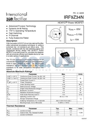 IRF9Z34N Datasheet Power MOSFET Vdss 55V Rds On 0 10ohm Id 19A