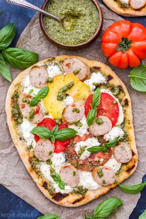 Grilled Tomato Basil Pesto Pizza With Chicken Sausage Mozzarella And Ricotta Recipe Runner