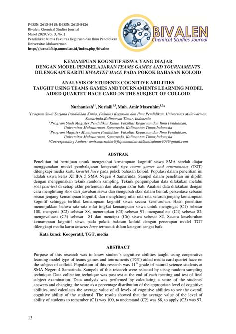 Pdf Kemampuan Kognitif Siswa Yang Diajar Dengan Model Pembelajaran