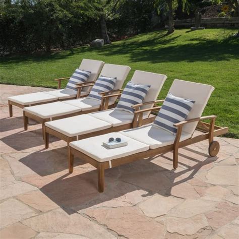 Noble House Teak Brown 4 Piece Wood Outdoor Patio Chaise Lounge Set