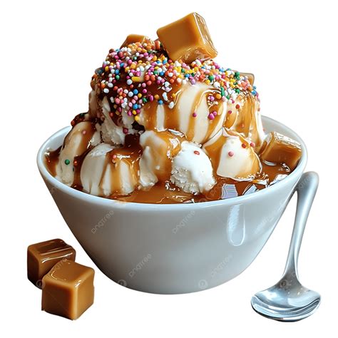 Delicious Vanilla Ice Cream Sundae With Caramel Sauce Colorful