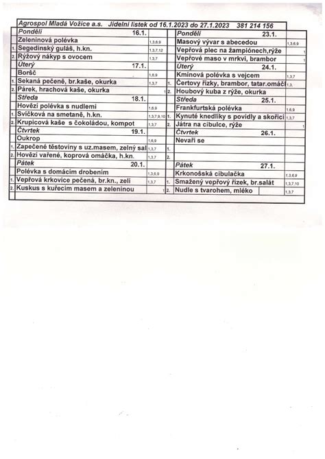 Jídelní lístek od 16 1 do 27 1 2023 Agrospol Mladá Vožice a s