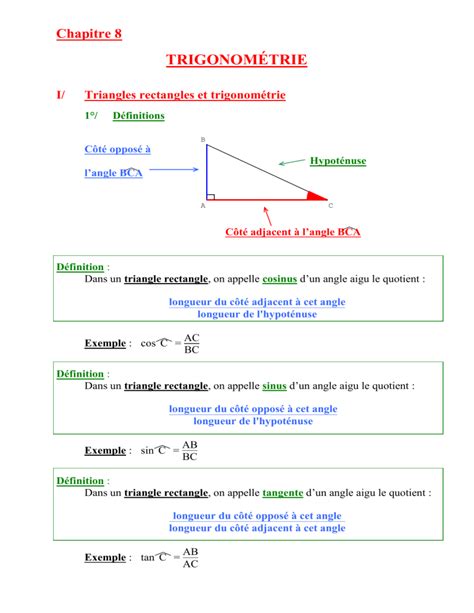 TRIGONOMÉTRIE Chapitre 8 I Triangles rectangles et trigonométrie