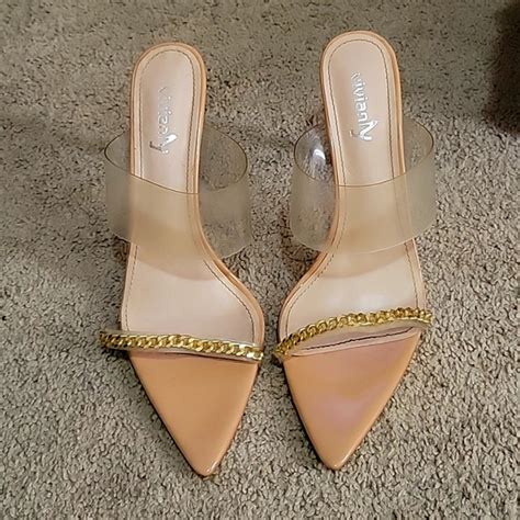 Vivianly Shoes Nude Backless Pointed Toe Heels With Gold Chain Details Poshmark