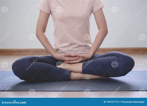 Yoga and Meditation Women Practice Yoga Namaste Pose Room at Home Stock ...