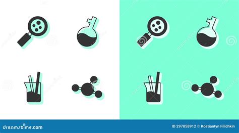 Set Molecule Microorganisms Under Magnifier Laboratory Glassware And