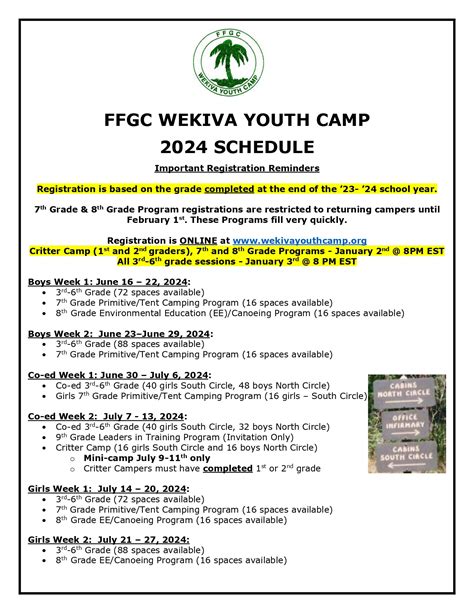 2024 WYC Schedule Wekiva Youth Camp