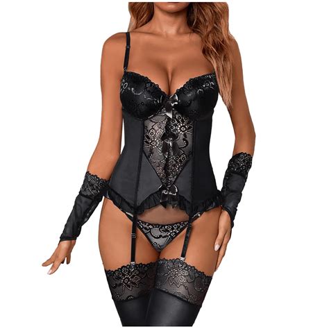 Mortilo Women Fashion Print Mesh Lingerie Lace Lingerie Five Pieces Set