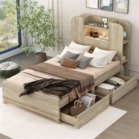 Twin Size Solid Wood Bed Frame with Two Drawers and Light Strip Design in Headboard, Platform ...