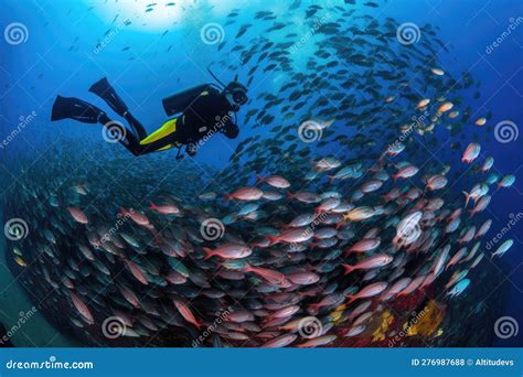 Scuba Diver Swimming With Schools Of Fish Surrounded By Vibrant Colors