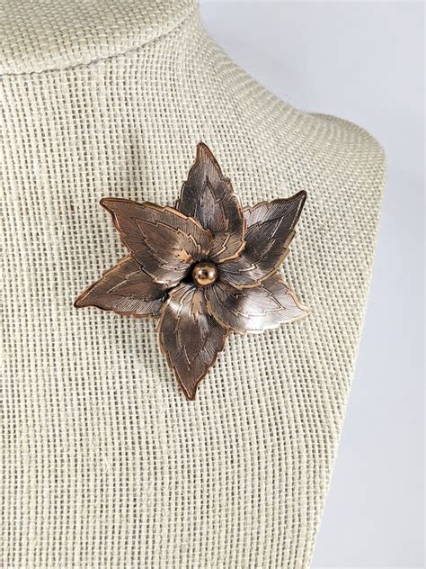 Copper Flower Brooch Detailed Stamped Metal Gem